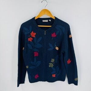 Croft & Barrow Navy Blue Leaf Embroidered Zip Up Cardigan Size M Granny Cottage